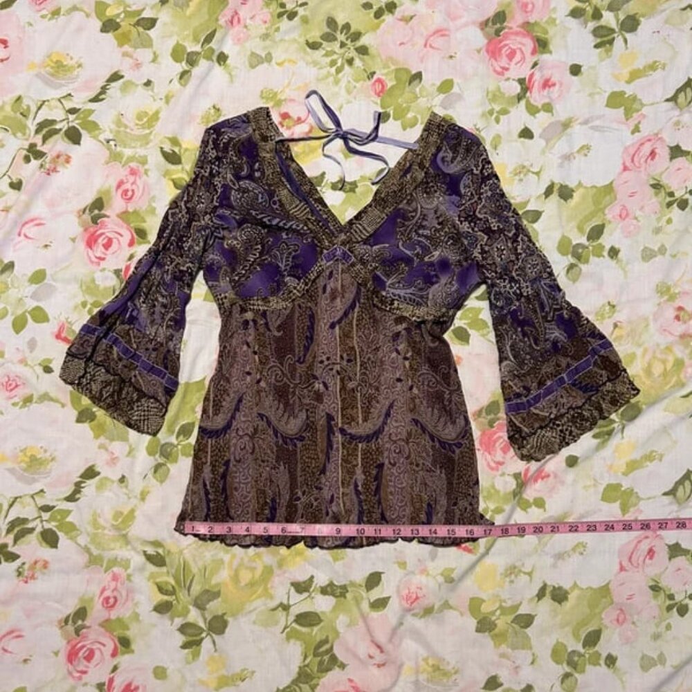Y2K purple & brown patterned bell sleeve blouse with velvet details